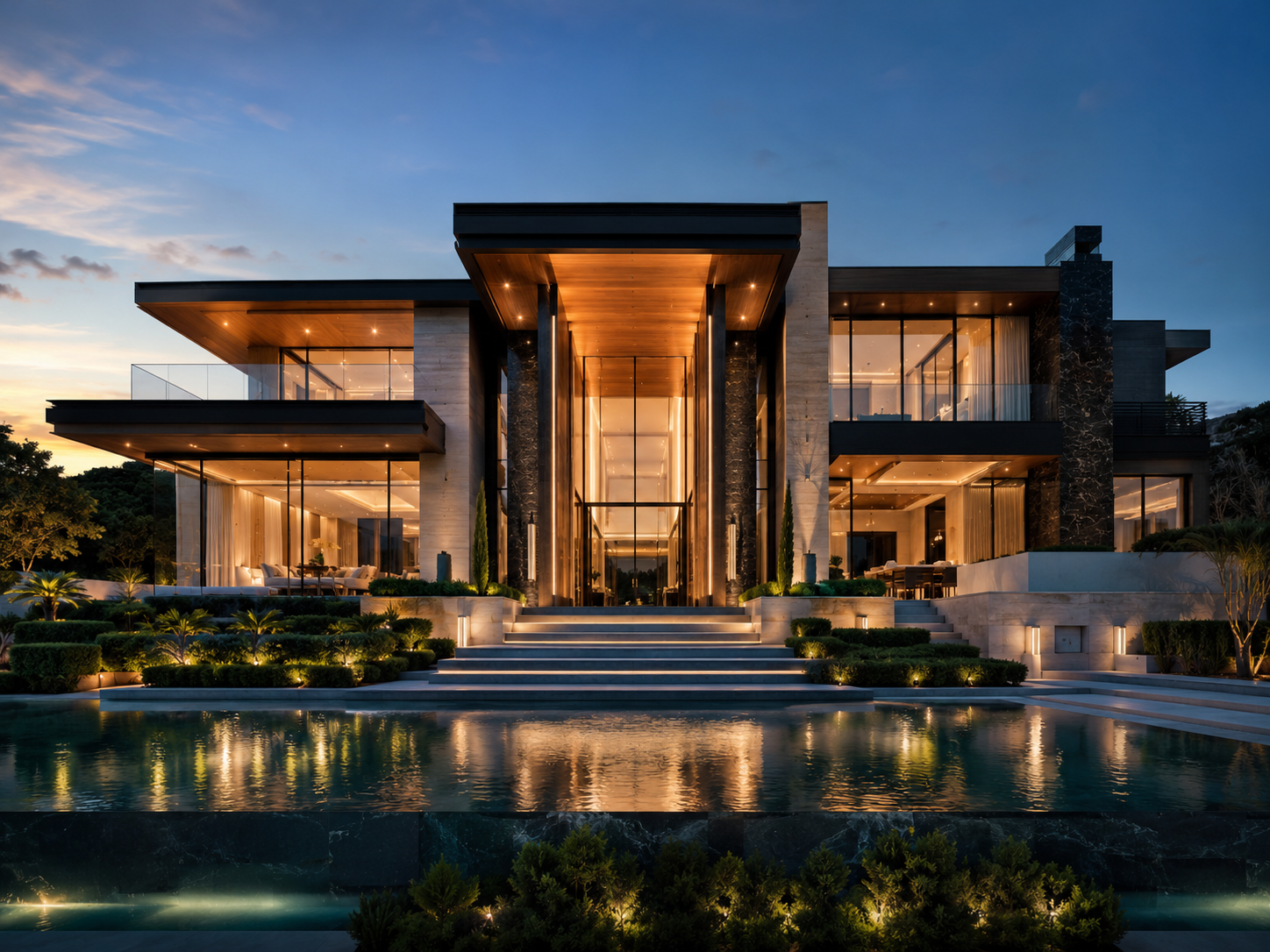 Twilight elegance: modern mansion at dusk